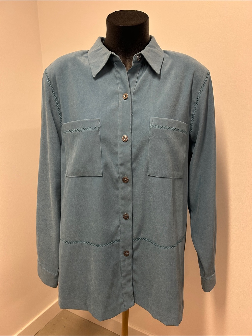 Alfred Dunner Blue Faux Suede Button Down Jacket Shirt Silver Buttons size 14